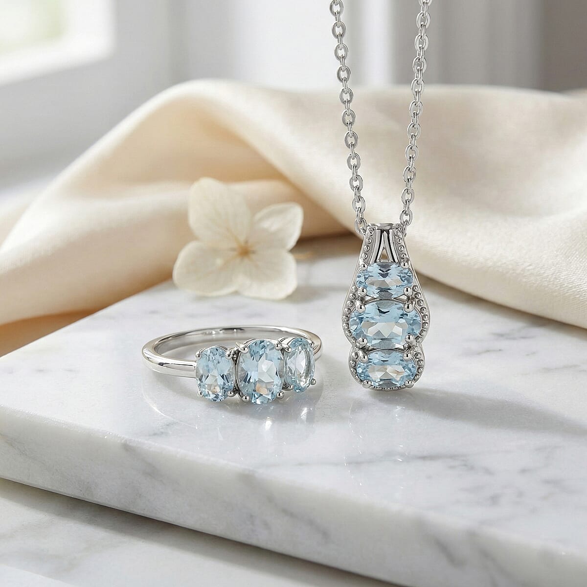 D'Joy Premium Mangoro Aquamarine and White Zircon 3.80 ctw Ring (Size 9.0) and Pendant Necklace (20 Inches) in Rhodium Over Sterling Silver(Del. In 10-12 Days) image number 1