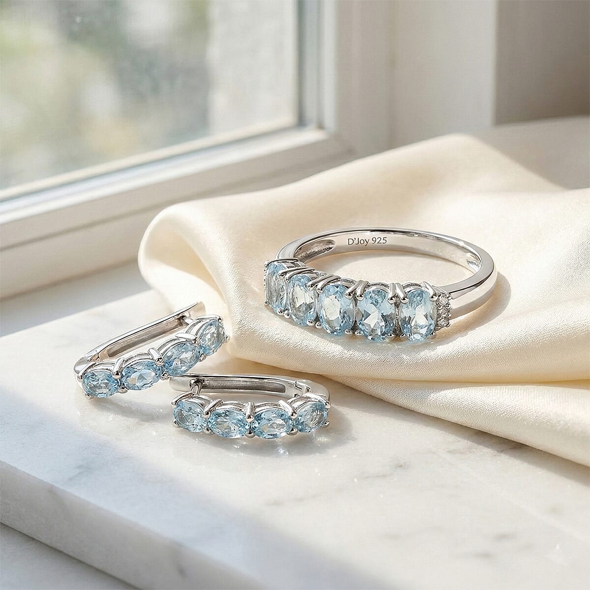 D'Joy Premium Mangoro Aquamarine and White Zircon 2.40 ctw Ring (Size 6.0) and Earrings in Rhodium Over Sterling Silver(Del. In 10-12 Days) image number 1