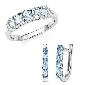 D'Joy Premium Mangoro Aquamarine and White Zircon 2.40 ctw Ring (Size 7.0) and Earrings in Rhodium Over Sterling Silver(Del. In 10-12 Days)
