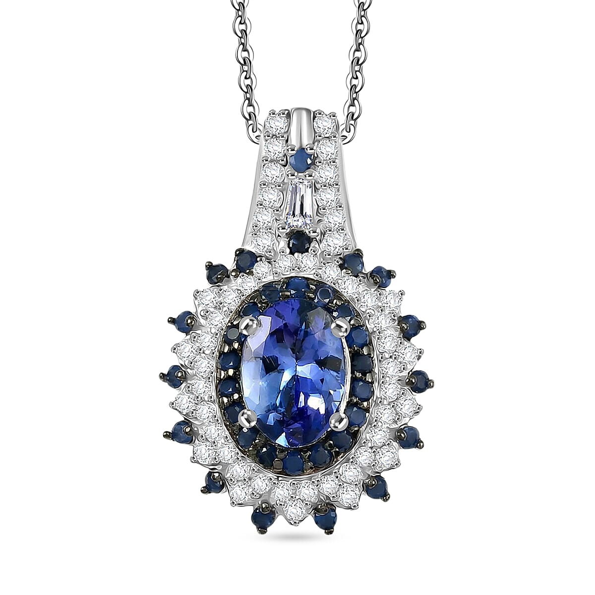 D'Joy Premium Tanzanite and Multi Gemstone 1.30 ctw Pendant Necklace in Rhodium Over Sterling Silver 20 Inches