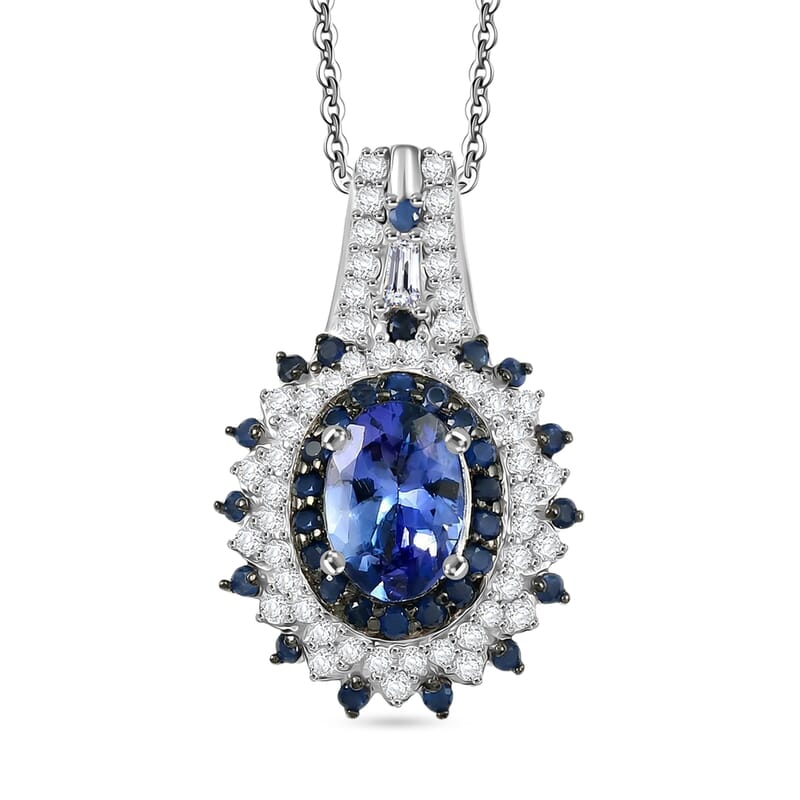 D'Joy Premium Peacock Tanzanite and Multi Gemstone 1.90 ctw Floral Bloom Pendant Necklace in Rhodium Over Sterling Silver 20 Inches