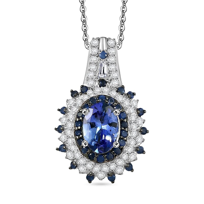 D'Joy Premium Peacock Tanzanite and Multi Gemstone 1.90 ctw Floral Bloom Pendant Necklace in Rhodium Over Sterling Silver 20 Inches