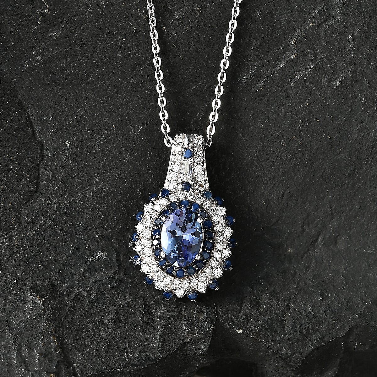 D'Joy Premium Peacock Tanzanite and Multi Gemstone 1.90 ctw Floral Bloom Pendant Necklace in Rhodium Over Sterling Silver 20 Inches  image number 1
