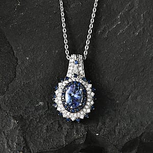 D'Joy Premium Peacock Tanzanite and Multi Gemstone 1.90 ctw Floral Bloom Pendant Necklace in Rhodium Over Sterling Silver 20 Inches 
