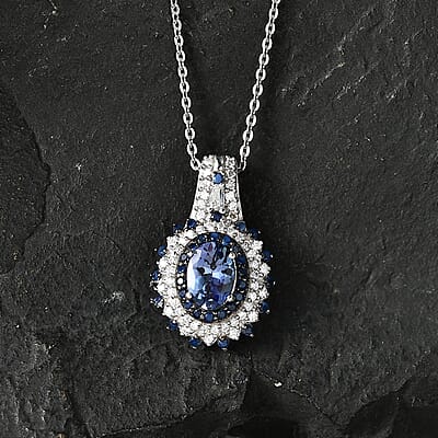 D'Joy Premium Peacock Tanzanite and Multi Gemstone 1.90 ctw Floral Bloom Pendant Necklace in Rhodium Over Sterling Silver 20 Inches