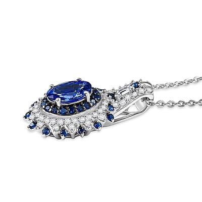 D'Joy Premium Peacock Tanzanite and Multi Gemstone 1.90 ctw Floral Bloom Pendant Necklace in Rhodium Over Sterling Silver 20 Inches