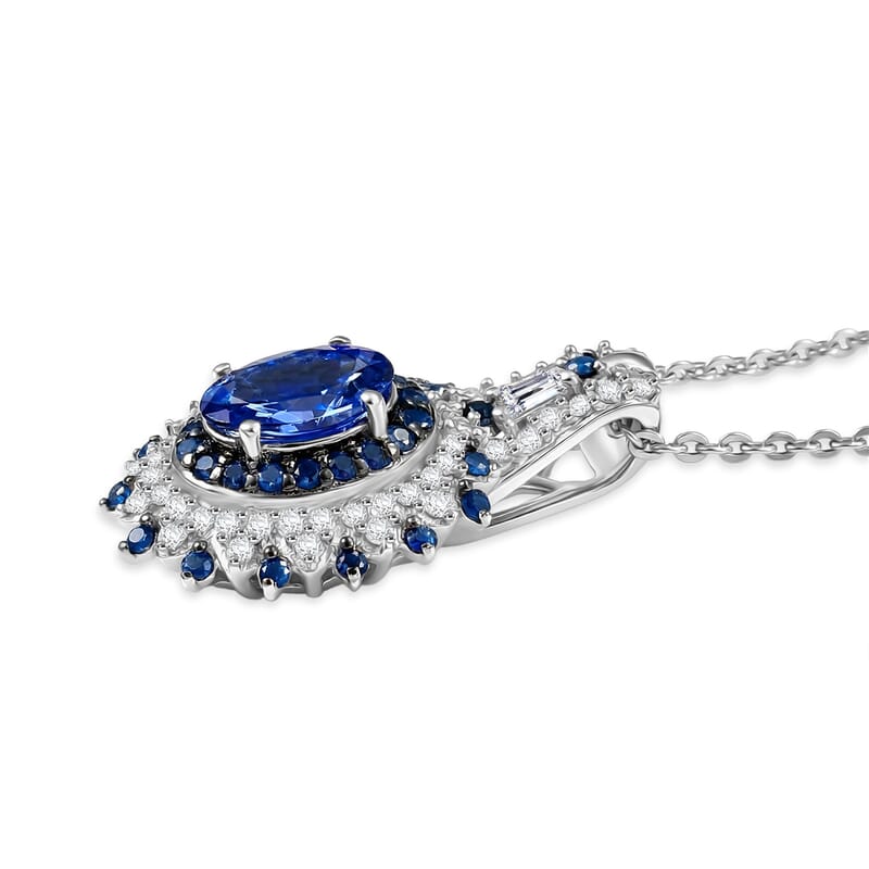 D'Joy Premium Peacock Tanzanite and Multi Gemstone 1.90 ctw Floral Bloom Pendant Necklace in Rhodium Over Sterling Silver 20 Inches