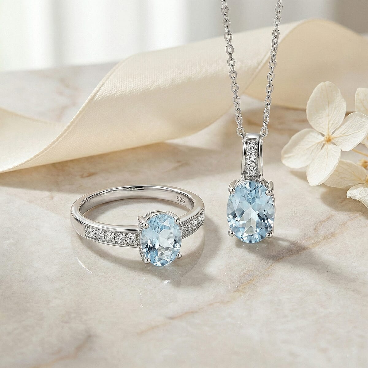 D'Joy Premium Mangoro Aquamarine and White Zircon 1.70 ctw Ring (Size 7.0) and Pendant Necklace (20 Inches) in Rhodium Over Sterling Silver(Del. In 10-12 Days) image number 1