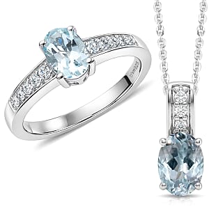 D'Joy Premium Mangoro Aquamarine and White Zircon 1.70 ctw Ring (Size 8.0) and Pendant Necklace (20 Inches) in Rhodium Over Sterling Silver(Del. In 10-12 Days)