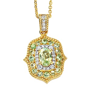 D'Joy Premium Tanzanian Mint Garnet and Moissanite 1.10 ctw Garden Halo Pendant Necklace in 18K Vermeil Yellow Gold Over Sterling Silver 20 Inches