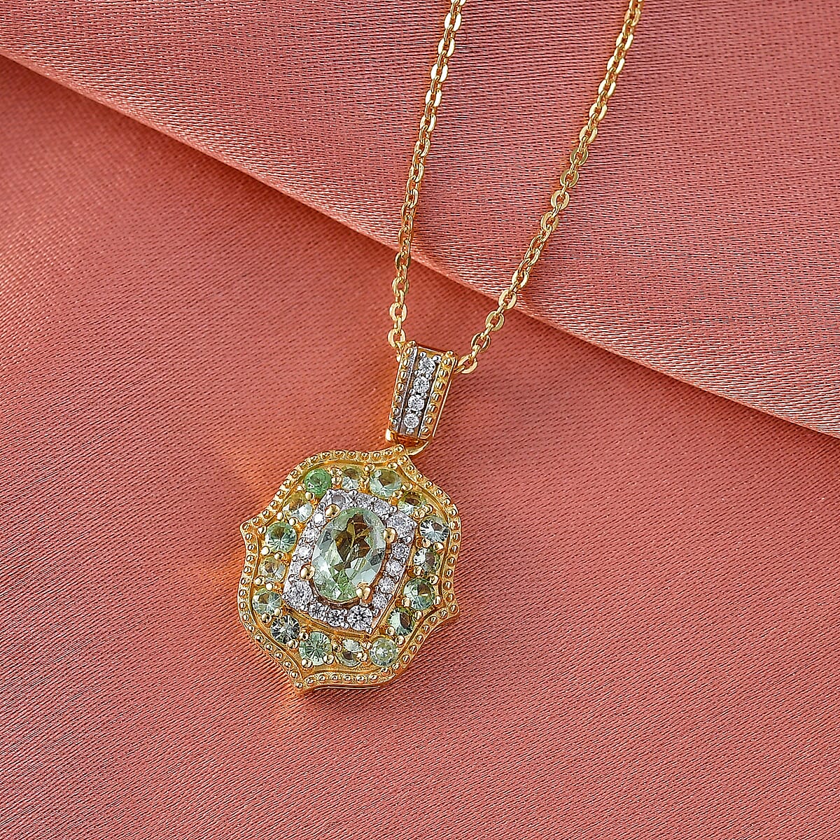 D'Joy Premium Tanzanian Mint Garnet and Moissanite 1.10 ctw Garden Halo Pendant Necklace in 18K Vermeil Yellow Gold Over Sterling Silver 20 Inches image number 1