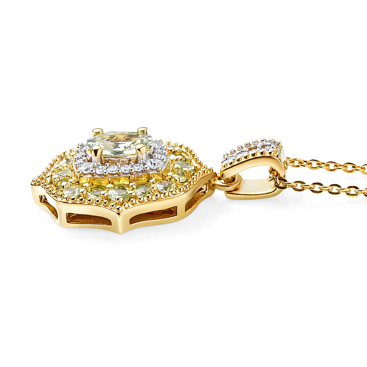 D'Joy Premium Tanzanian Mint Garnet and Moissanite 1.10 ctw Garden Halo Pendant Necklace in 18K Vermeil Yellow Gold Over Sterling Silver 20 Inches image number 3