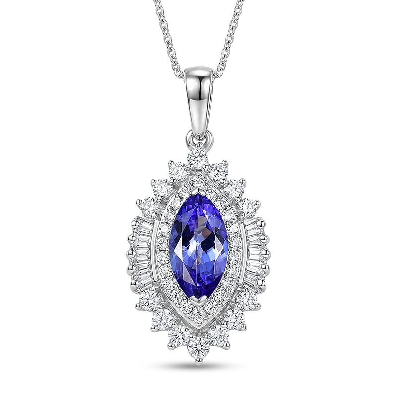 D'Joy Premium Tanzanite and Moissanite 3.00 ctw Blue Empress Pendant Necklace in Rhodium Over Sterling Silver 20 Inches 