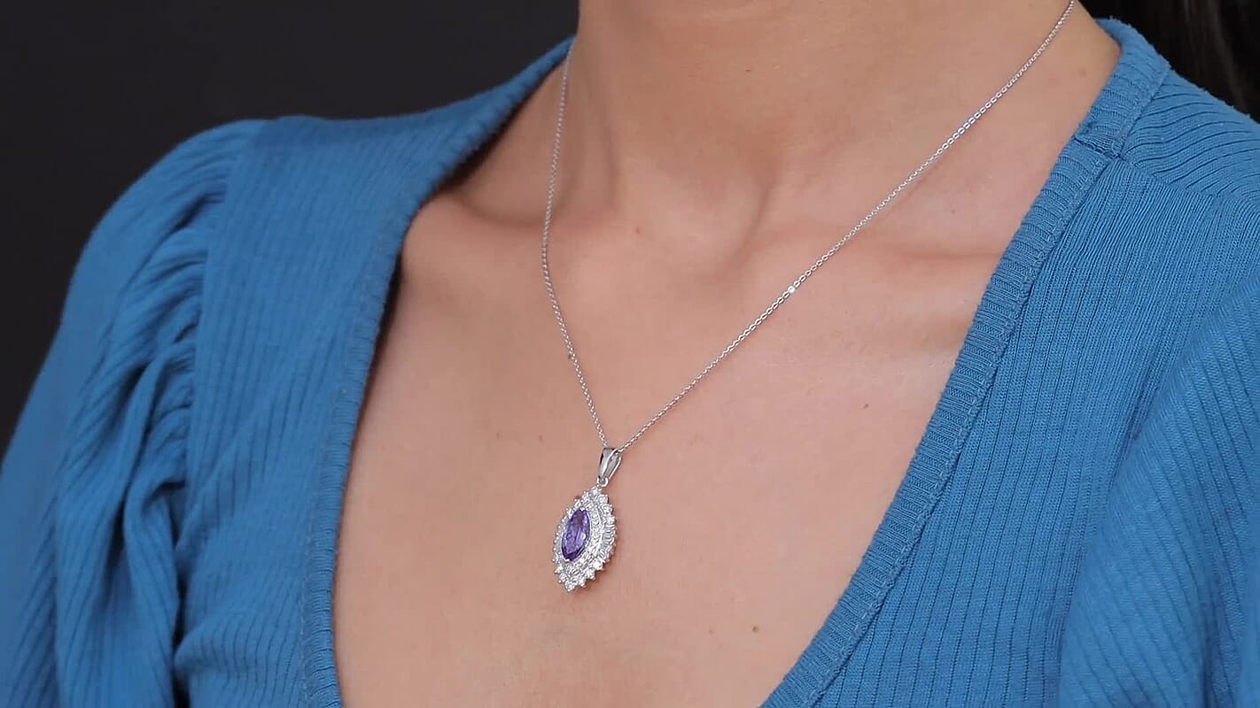 D'Joy Premium Tanzanite and Moissanite 3.00 ctw Blue Empress Pendant Necklace in Rhodium Over Sterling Silver 20 Inches