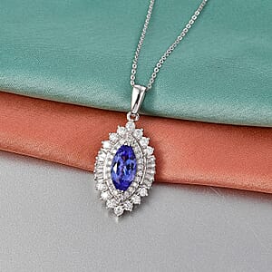 D'Joy Premium Tanzanite and Moissanite 3.00 ctw Blue Empress Pendant Necklace in Rhodium Over Sterling Silver 20 Inches 