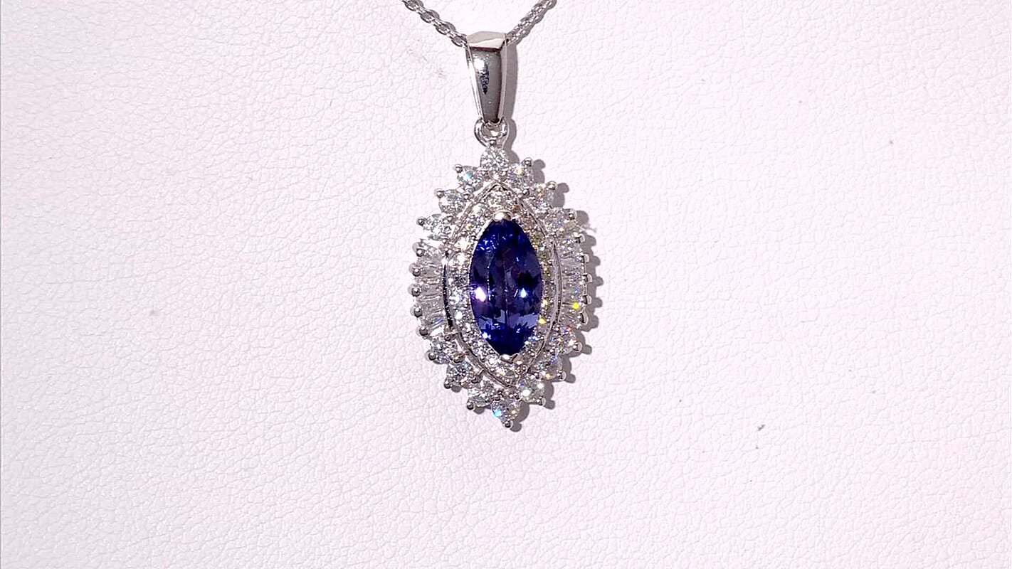 D'Joy Premium Tanzanite and Moissanite 3.00 ctw Blue Empress Pendant Necklace in Rhodium Over Sterling Silver 20 Inches
