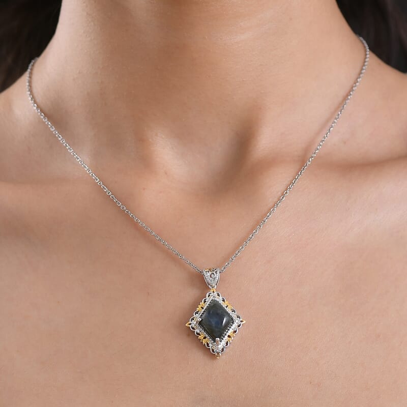 EverTrue Malagasy Labradorite 6.50 ctw Pendant in 18K YG Plated and Platinum Bond with Stainless Steel Necklace 20 Inches