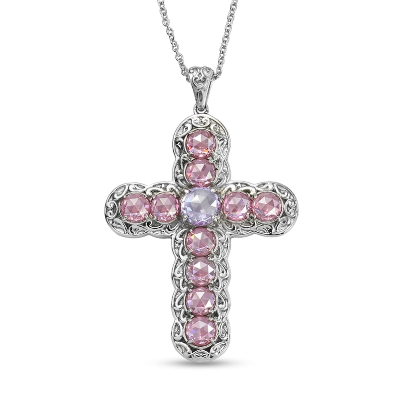 EverTrue Simulated Lavender and Pink Diamond Pendant in Platinum Bond with Stainless Steel Necklace (20 Inches)