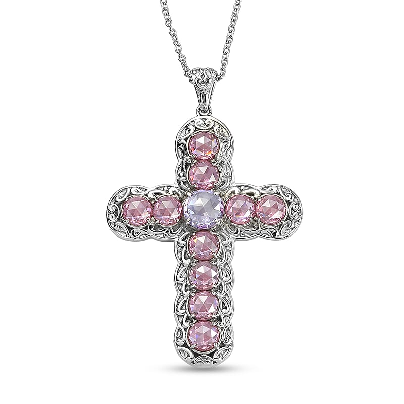 EverTrue Simulated Lavender and Pink Diamond Pendant in Platinum Bond with Stainless Steel Necklace (20 Inches)