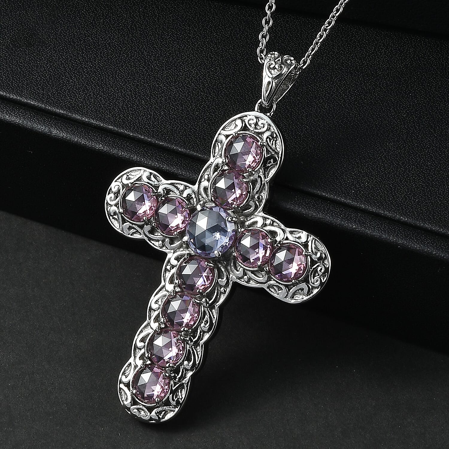 EverTrue Simulated Lavender and Pink Diamond Pendant in Platinum Bond with Stainless Steel Necklace (20 Inches)