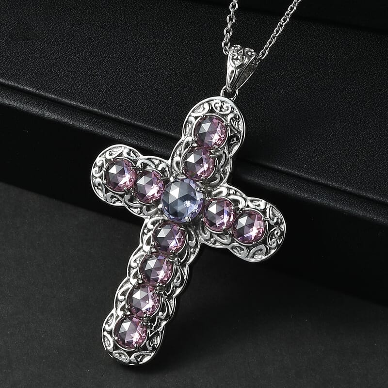 EverTrue Simulated Lavender and Pink Diamond Pendant in Platinum Bond with Stainless Steel Necklace (20 Inches)