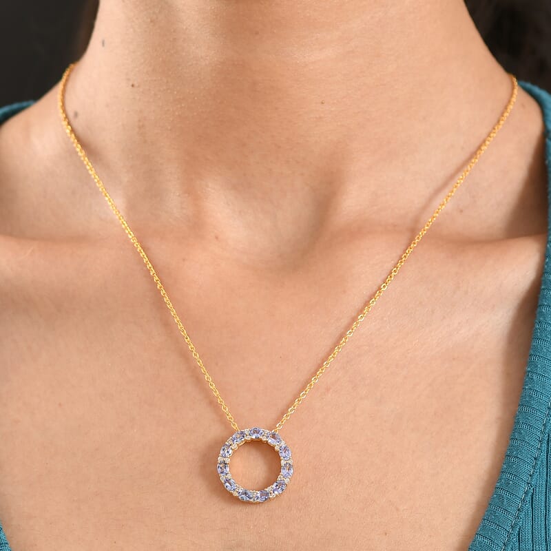 EverTrue Tanzanite and White Zircon 2.15 ctw Forever Circle Pendant in 18K YG Plated with ION Plated YG Stainless Steel Necklace (20 Inches)