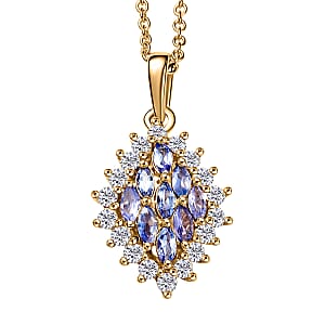 EverTrue Tanzanite and White Zircon 1.70 ctw Blue Flame Pendant in 18K YG Plated with ION Plated YG Stainless Steel Necklace 20 Inches (Del. In 8-10 Days)