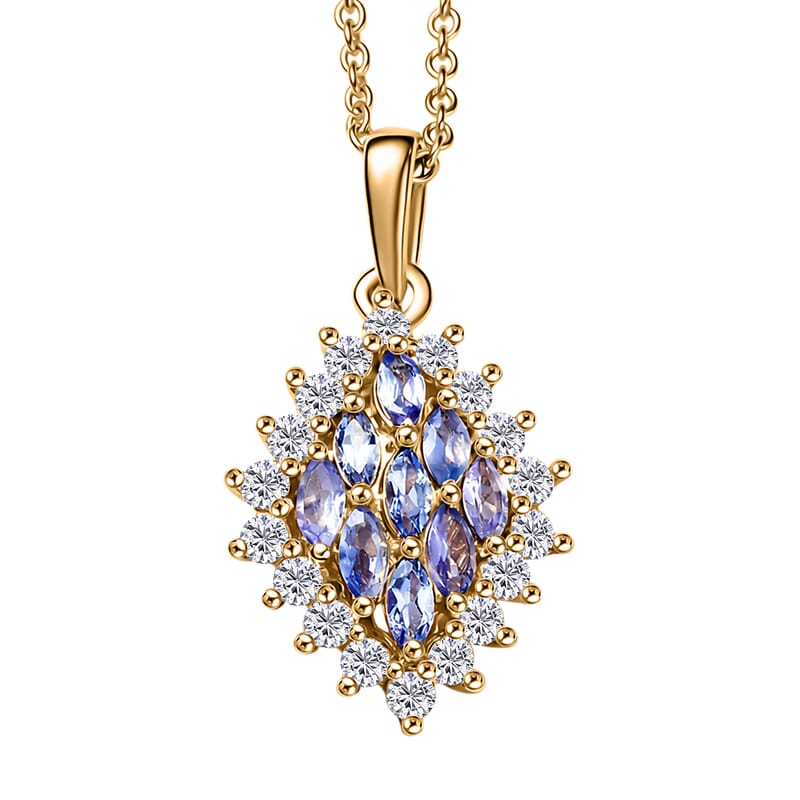 EverTrue Tanzanite and White Zircon 1.70 ctw Blue Flame Pendant in 18K YG Plated with ION Plated YG Stainless Steel Necklace 20 Inches
