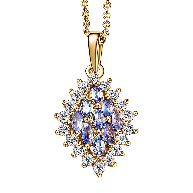 EverTrue Tanzanite and White Zircon 1.70 ctw Blue Flame Pendant in 18K YG Plated with ION Plated YG Stainless Steel Necklace 20 Inches