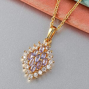 EverTrue Tanzanite and White Zircon 1.70 ctw Blue Flame Pendant in 18K YG Plated with ION Plated YG Stainless Steel Necklace 20 Inches (Del. In 8-10 Days)