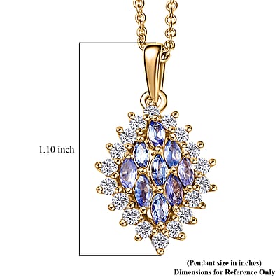 EverTrue Tanzanite and White Zircon 1.70 ctw Blue Flame Pendant in 18K YG Plated with ION Plated YG Stainless Steel Necklace 20 Inches