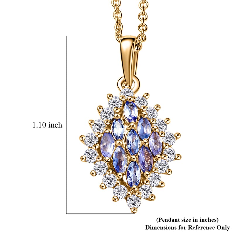 EverTrue Tanzanite and White Zircon 1.70 ctw Blue Flame Pendant in 18K YG Plated with ION Plated YG Stainless Steel Necklace 20 Inches