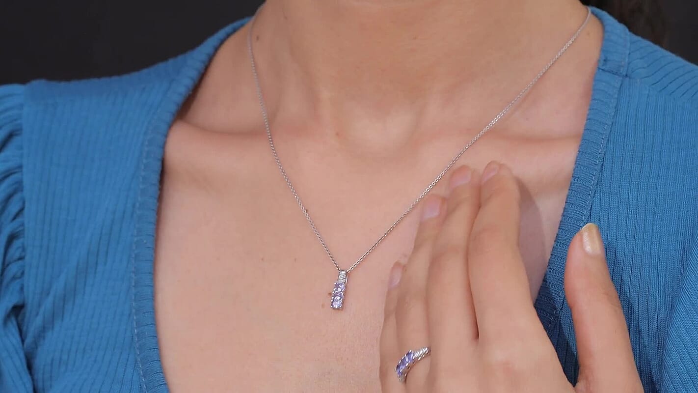 EverTrue Tanzanite Trilogy Ring (Size 5.0) and Pendant without Chain in Platinum Bond 1.10 ctw