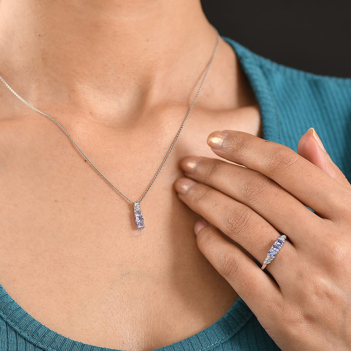 EverTrue Tanzanite Trilogy Ring (Size 8.0) and Pendant without Chain in Platinum Bond 1.10 ctw (Del. In 8-10 Days) image number 2