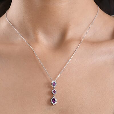 D'Joy Premium Radiant Ember Garnet and White Zircon 1.75 ctw Pendant Necklace in Rhodium Over Sterling Silver 20 Inches