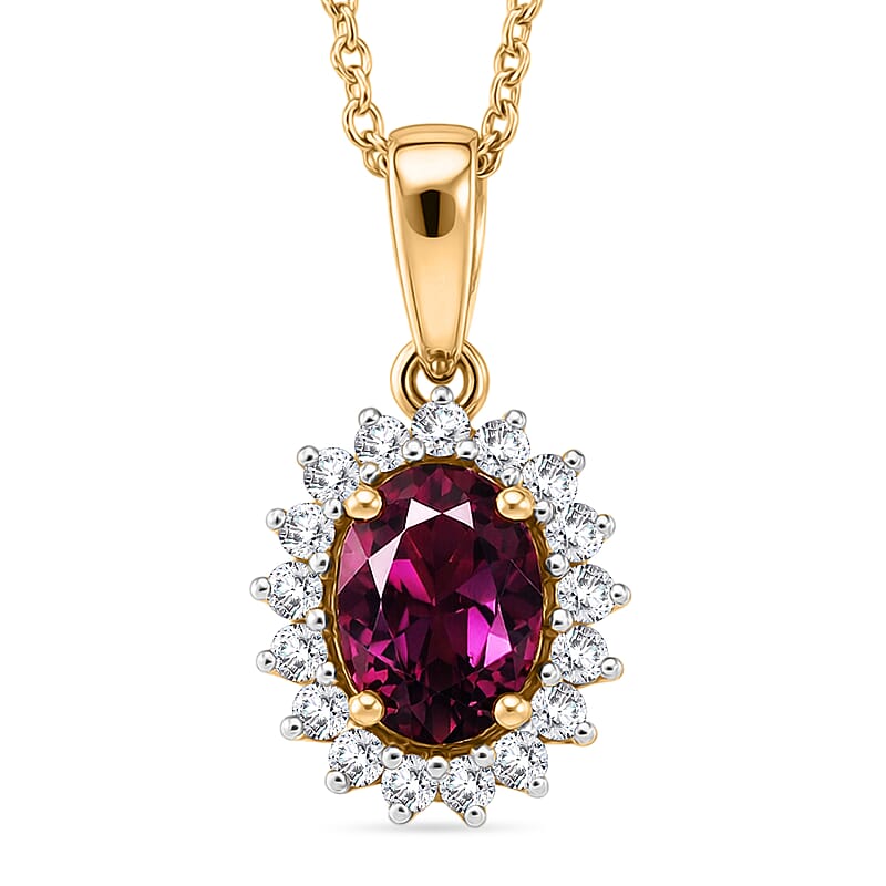 D'Joy Premium Radiant Ember Garnet and Moissanite Pendant Necklace in 18K Vermeil YG Over Sterling Silver 20 Inches