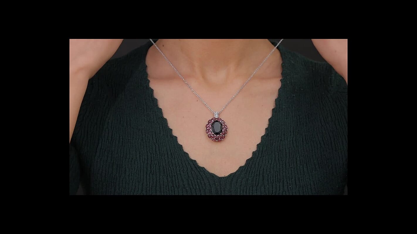 EverTrue Thai Black Spinel and Multi Gemstone 16.40 ctw Eclipse Majesty Pendant in Platinum Bond with Stainless Steel Necklace (20 Inches)