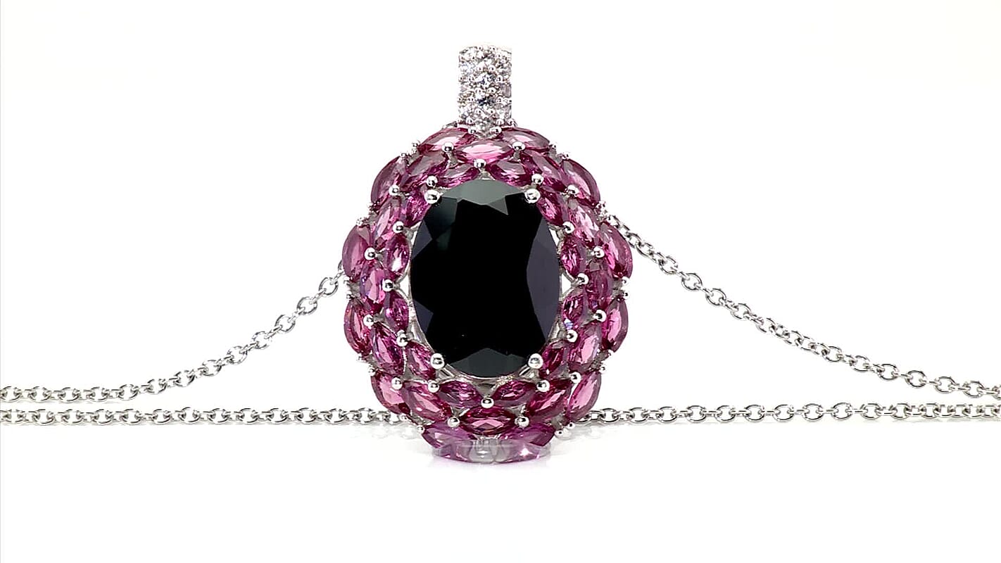 EverTrue Thai Black Spinel and Multi Gemstone 16.40 ctw Eclipse Majesty Pendant in Platinum Bond with Stainless Steel Necklace (20 Inches)