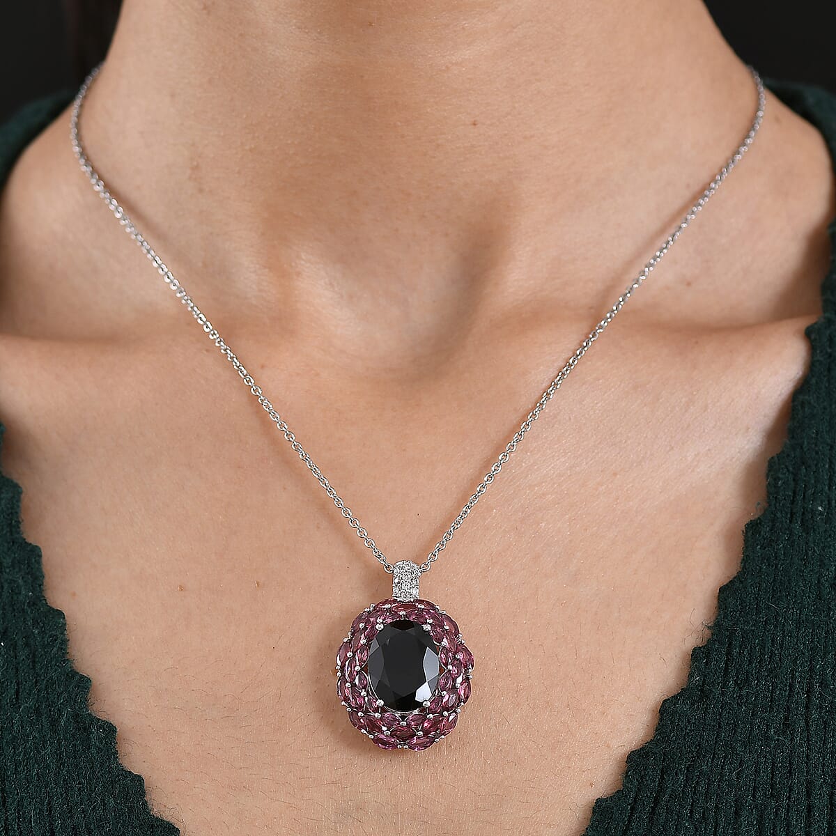 EverTrue Thai Black Spinel and Multi Gemstone 16.40 ctw Eclipse Majesty Pendant in Platinum Bond with Stainless Steel Necklace (20 Inches) image number 2