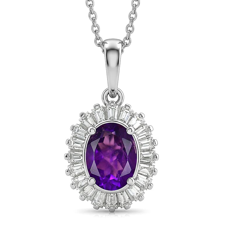 D'Joy Premium Lusaka Amethyst and Moissanite 1.65 ctw Sunray Bloom Pendant Necklace in Rhodium Over Sterling Silver 20 Inches