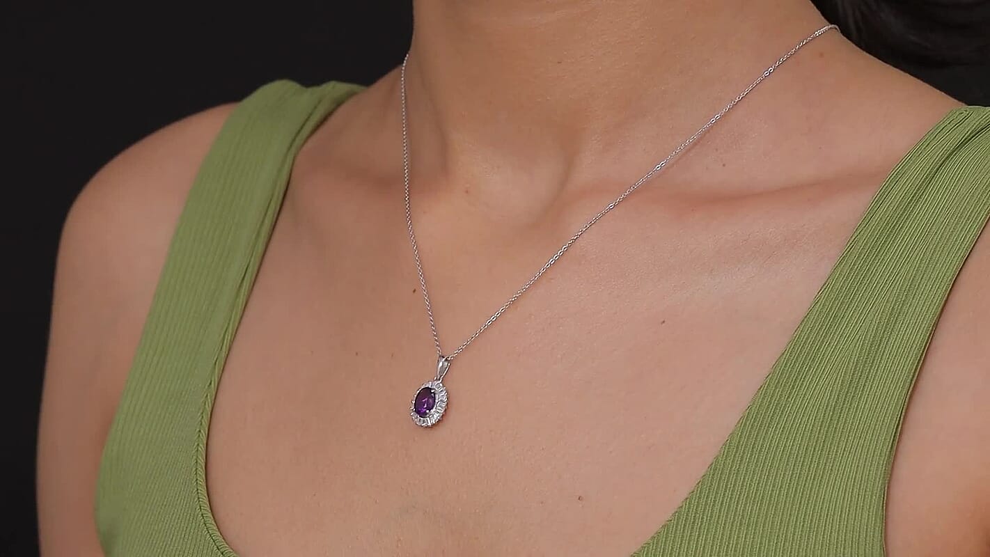 D'Joy Premium Lusaka Amethyst and Moissanite 1.65 ctw Sunray Bloom Pendant Necklace in Rhodium Over Sterling Silver 20 Inches