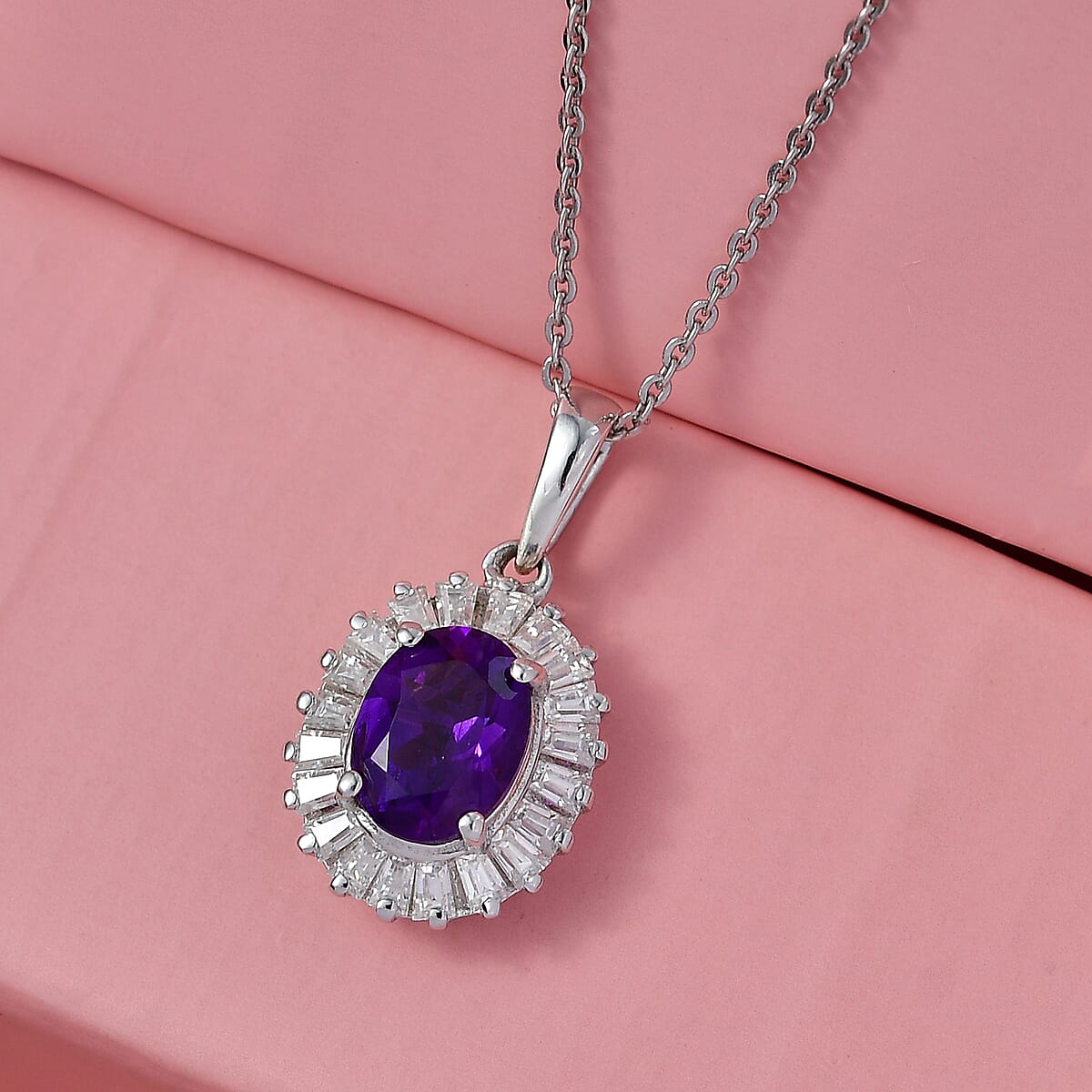 D'Joy Premium Lusaka Amethyst and Moissanite 1.65 ctw Sunray Bloom Pendant Necklace in Rhodium Over Sterling Silver 20 Inches  image number 1