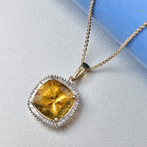 Luxoro Premium Golden Apatite and Diamond G-H SI 6.40 ctw Solar Crown Pendant Necklace in 10K Yellow Gold 20 Inches