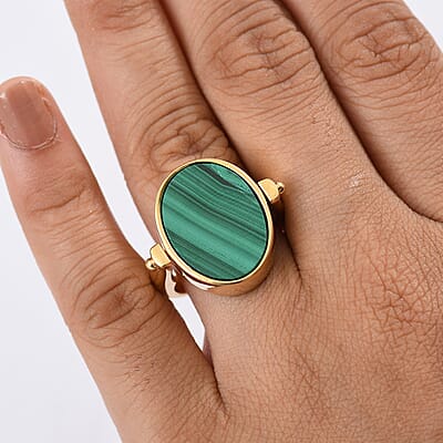 EverTrue African Malachite 23.10 ctw Ring (Size 7) in 18K YG Plated and ION Plated YG Stainless Steel Necklace 20 Inches