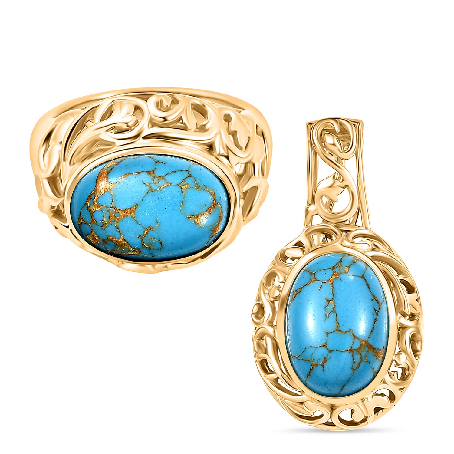 EverTrue Mojave Blue Turquoise 14.00 ctw Ring (Size 6.50) and Pendant without Chain in 18K YG Plated