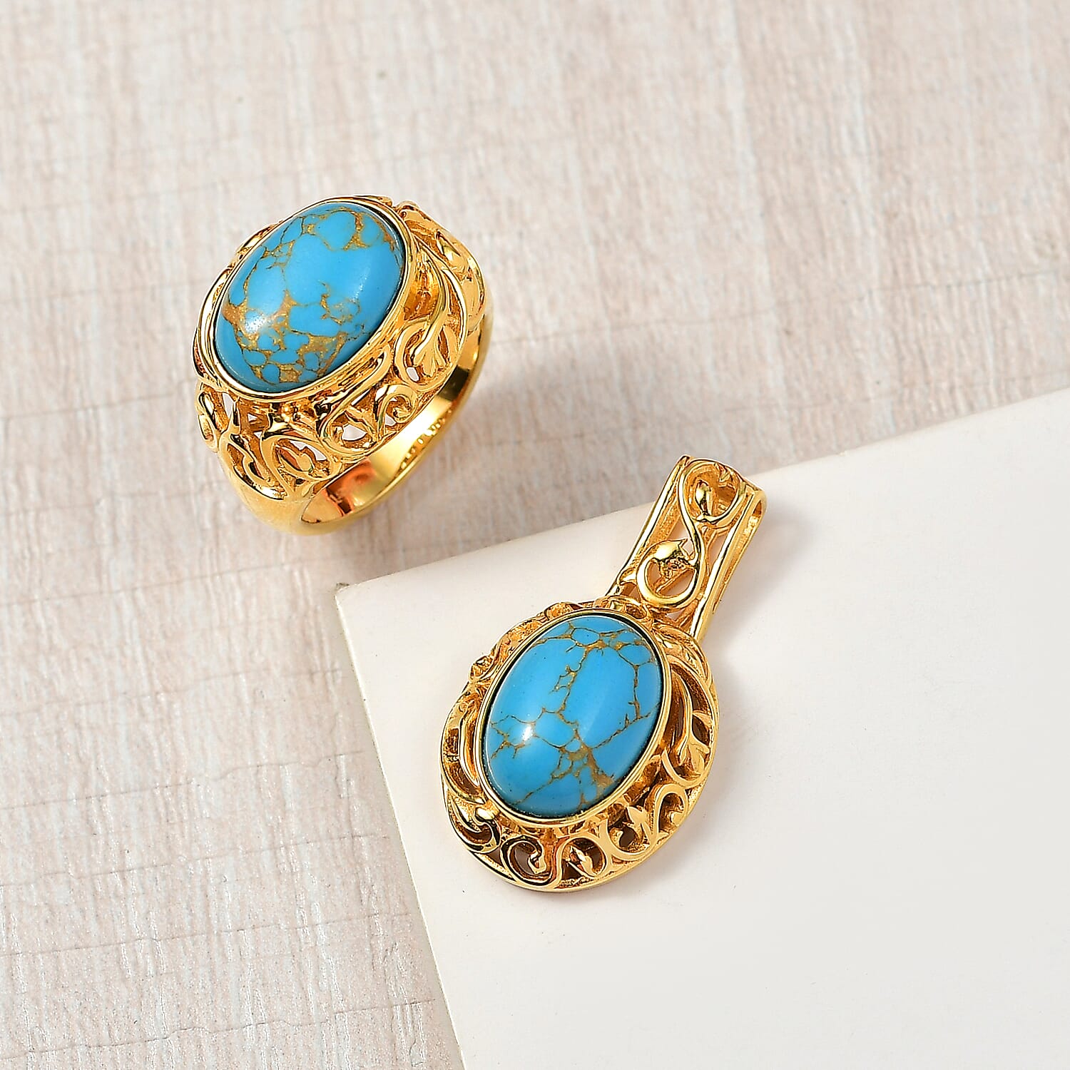 EverTrue Mojave Blue Turquoise 14.00 ctw Ring (Size 6.50) and Pendant without Chain in 18K YG Plated