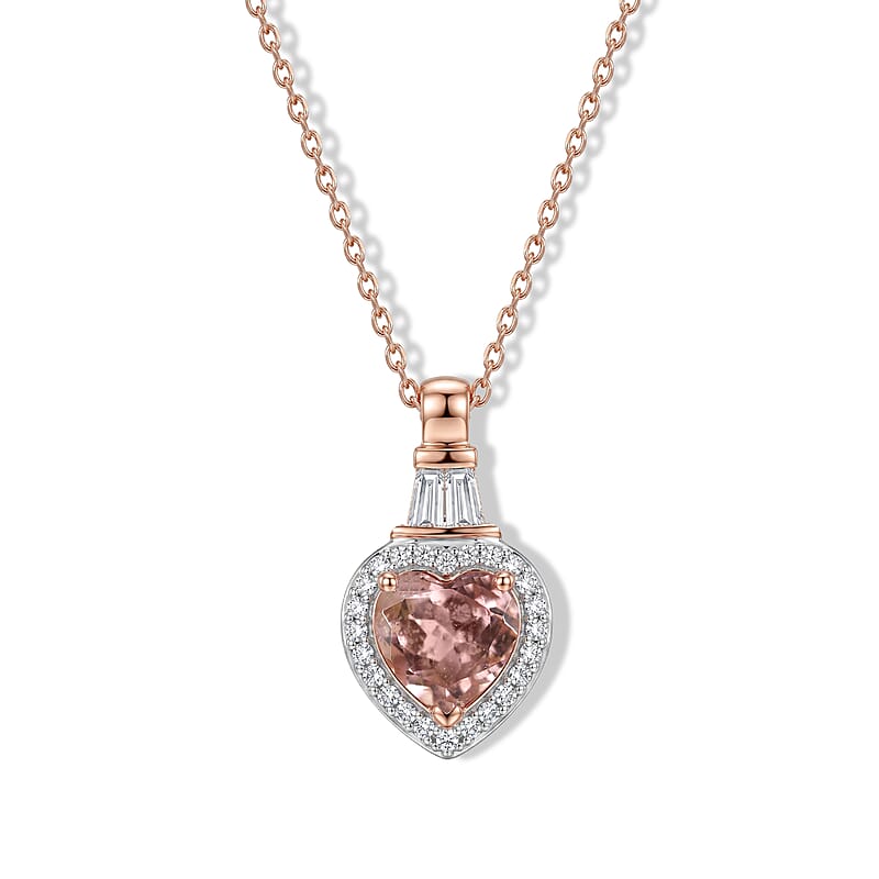 D'Joy Premium Blush Tourmaline and Moissanite Heart 0.65 ctw Romance Heart Pendant Necklace (20 Inches) in 18K Vermeil Rose Gold Over Sterling Silver