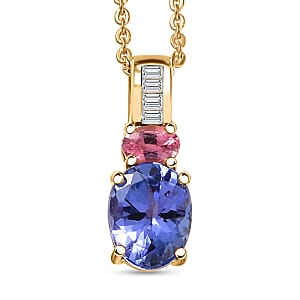 D'Joy Premium Tanzanite, Mahenge Spinel and Diamond 1.60 ctw Trinity Fire Pendant Necklace in 18K Vermeil Yellow Gold Over Sterling Silver 20 Inches 