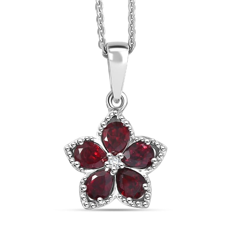 D'Joy Premium Anthill Garnet and Moissanite 1.00 ctw Flower Pendant Necklace 20 Inches in Rhodium Over Sterling Silver