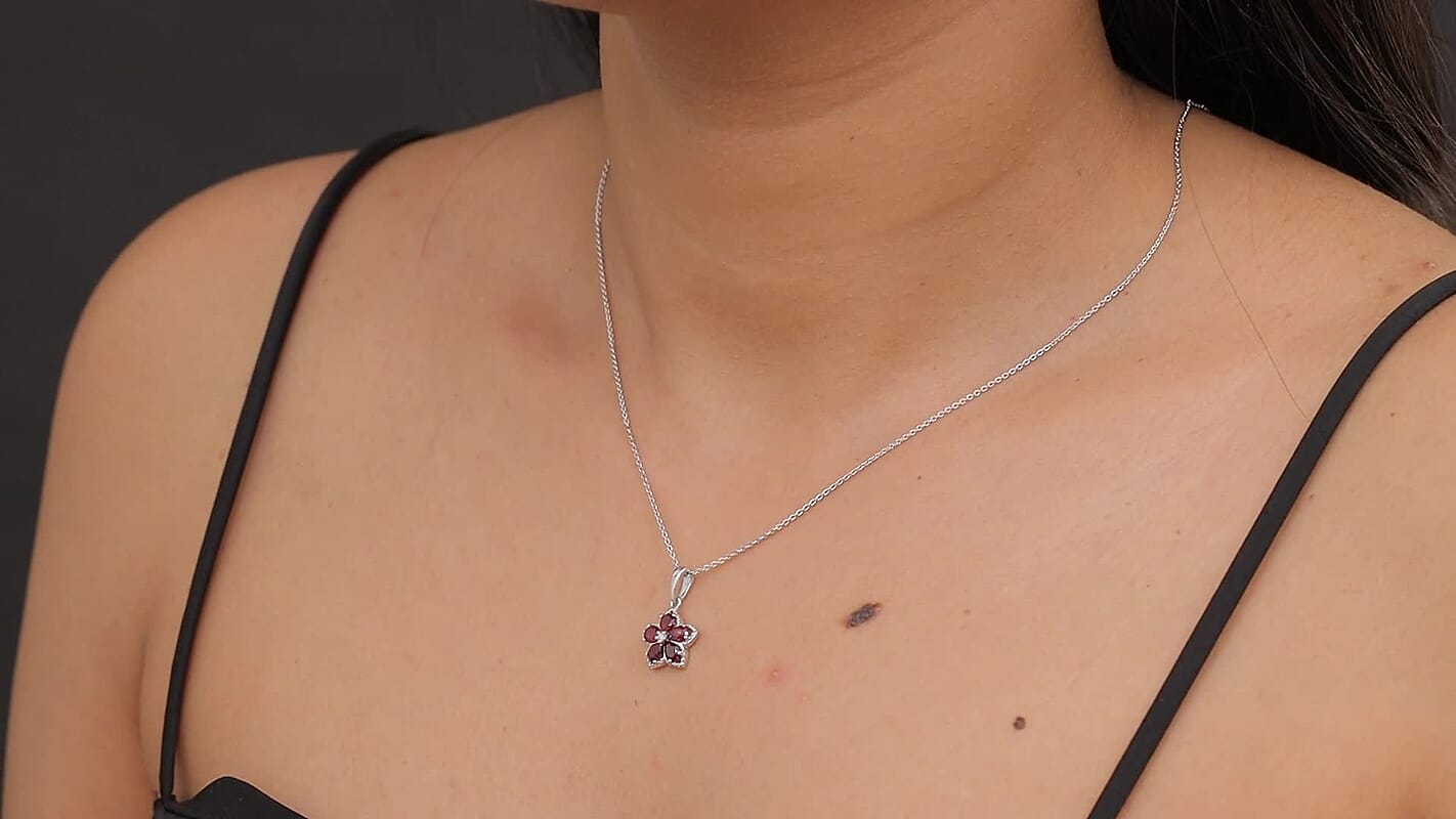 D'Joy Premium Anthill Garnet and Moissanite 1.00 ctw Flower Pendant Necklace 20 Inches in Rhodium Over Sterling Silver